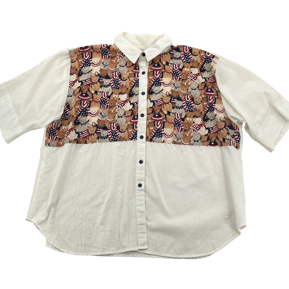 Tapestry Button Up Shirt Womens 22W White Patriotic Teddy Bear Vintage 90s USA